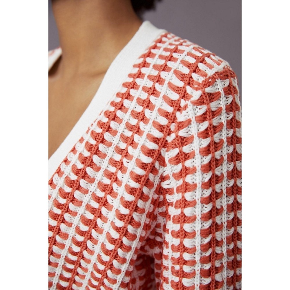 Maeve Anthropologie Preston Orange White Textured Cropped Cardigan Sweater M - Picture 3 of 7
